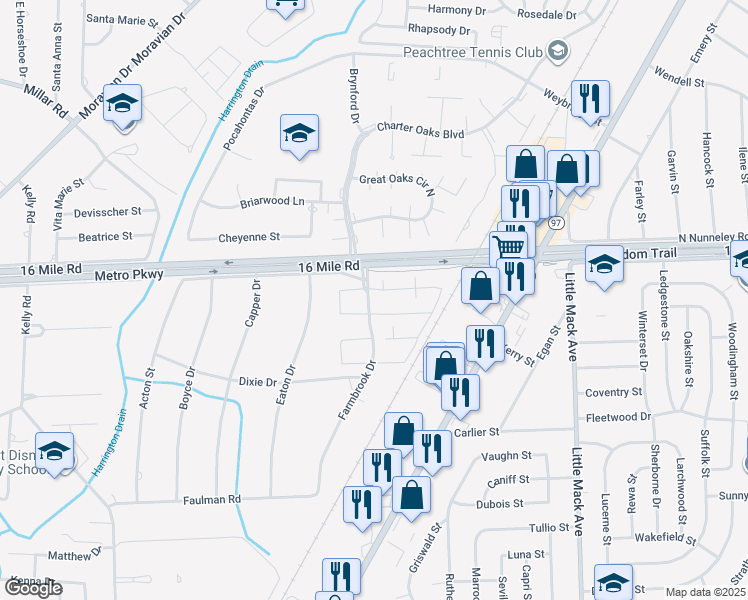 map of restaurants, bars, coffee shops, grocery stores, and more near 36984 Farmbrook Drive in Clinton Township