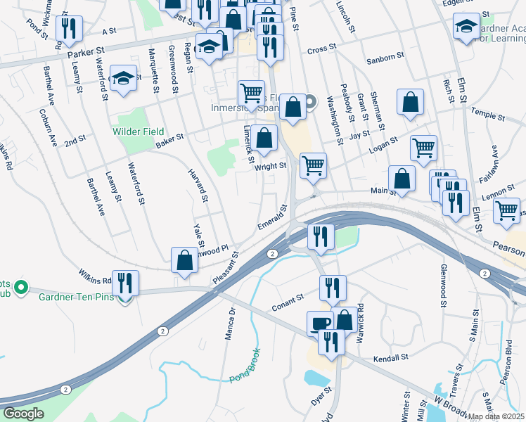 map of restaurants, bars, coffee shops, grocery stores, and more near 409 Pleasant Street in Gardner