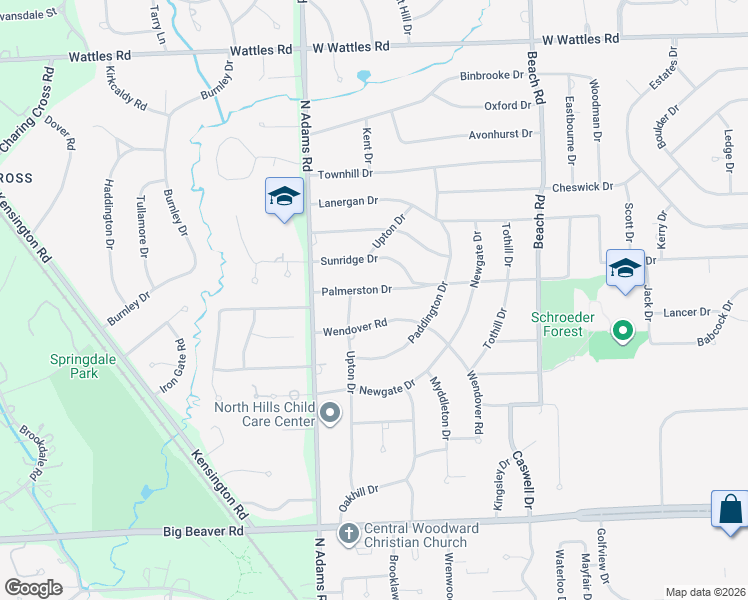 map of restaurants, bars, coffee shops, grocery stores, and more near 2840 Palmerston Drive in Troy