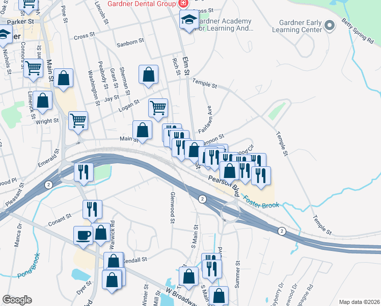 map of restaurants, bars, coffee shops, grocery stores, and more near 365 Elm Street in Gardner