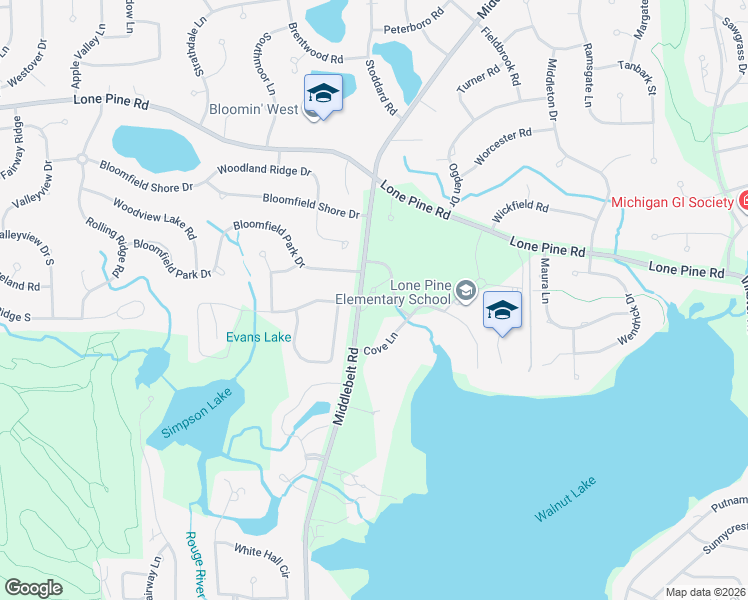 map of restaurants, bars, coffee shops, grocery stores, and more near 4670 Cove Road in West Bloomfield Township