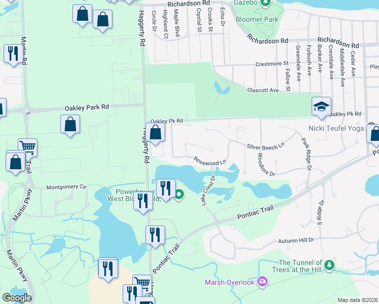 map of restaurants, bars, coffee shops, grocery stores, and more near 4618 Lilly Court in West Bloomfield Township