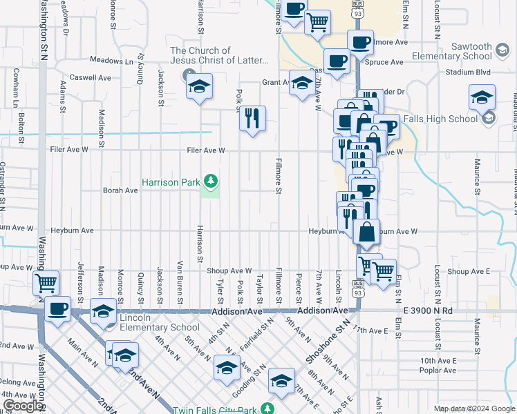 map of restaurants, bars, coffee shops, grocery stores, and more near 638 Borah Avenue in Twin Falls