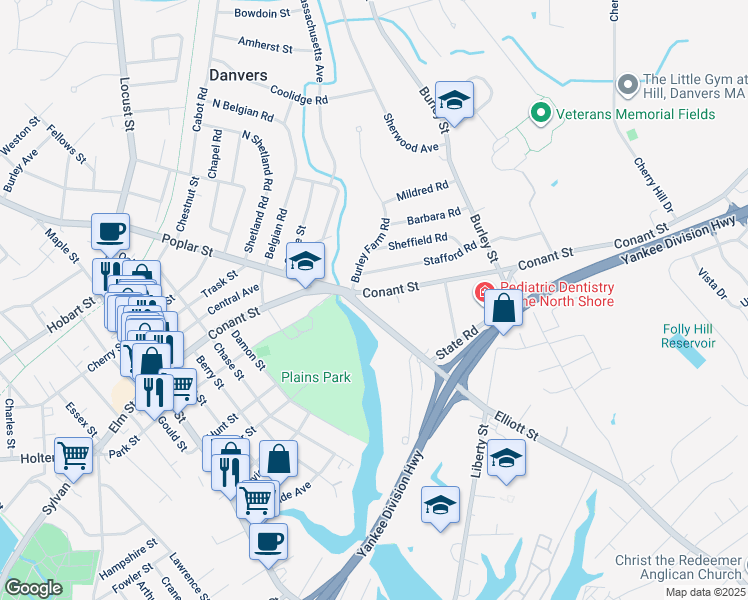 map of restaurants, bars, coffee shops, grocery stores, and more near 86 Conant Street in Danvers