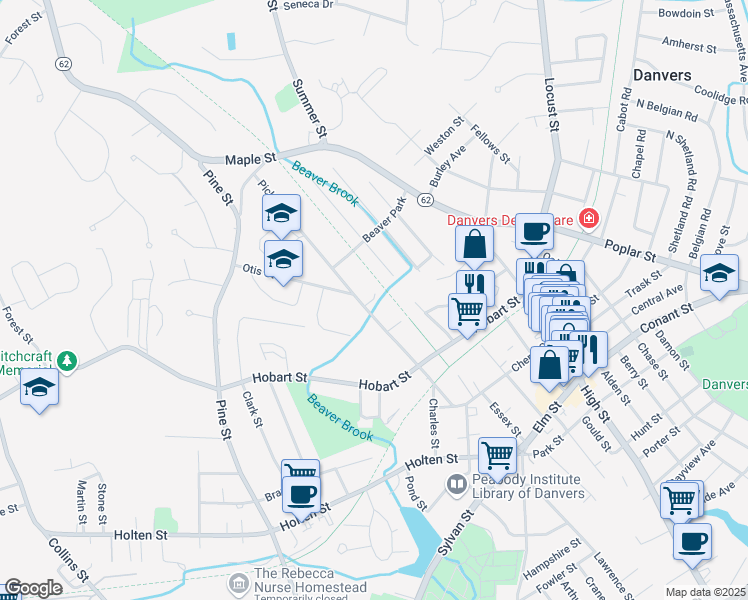 map of restaurants, bars, coffee shops, grocery stores, and more near 12 Roosevelt Avenue in Danvers
