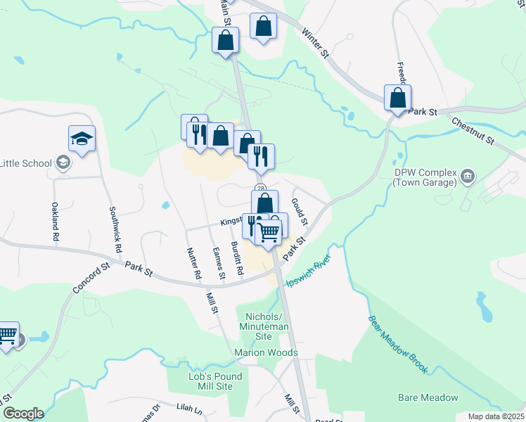 map of restaurants, bars, coffee shops, grocery stores, and more near 36 Main Street in North Reading