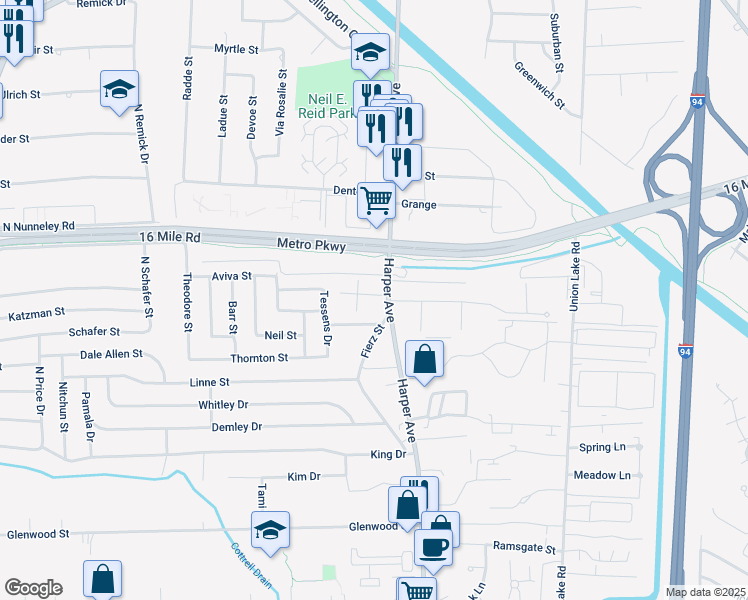 map of restaurants, bars, coffee shops, grocery stores, and more near 36921 Harper Avenue in Clinton Township