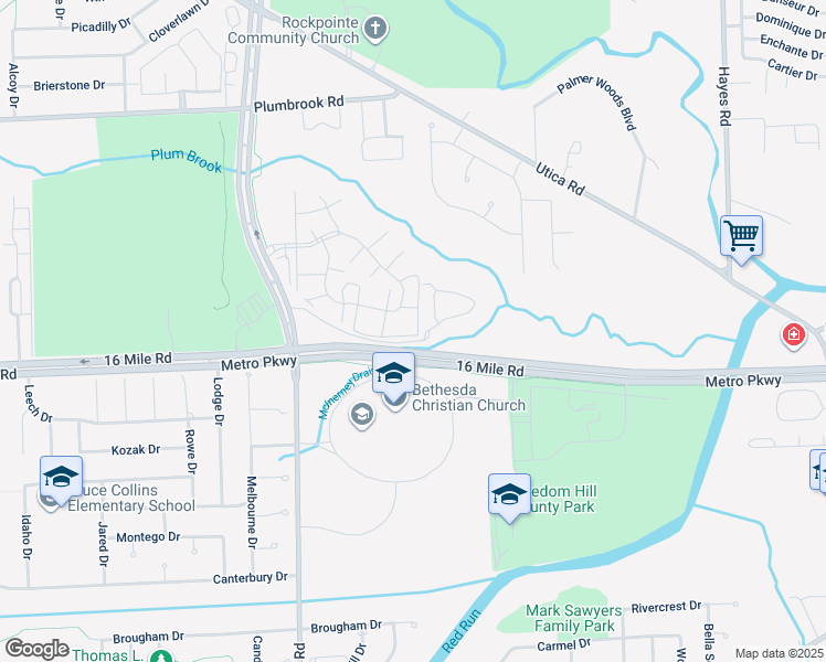 map of restaurants, bars, coffee shops, grocery stores, and more near 14230 Camelot Drive in Sterling Heights