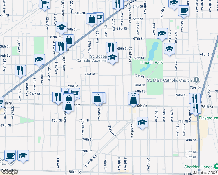 map of restaurants, bars, coffee shops, grocery stores, and more near 2418 73rd Street in Kenosha