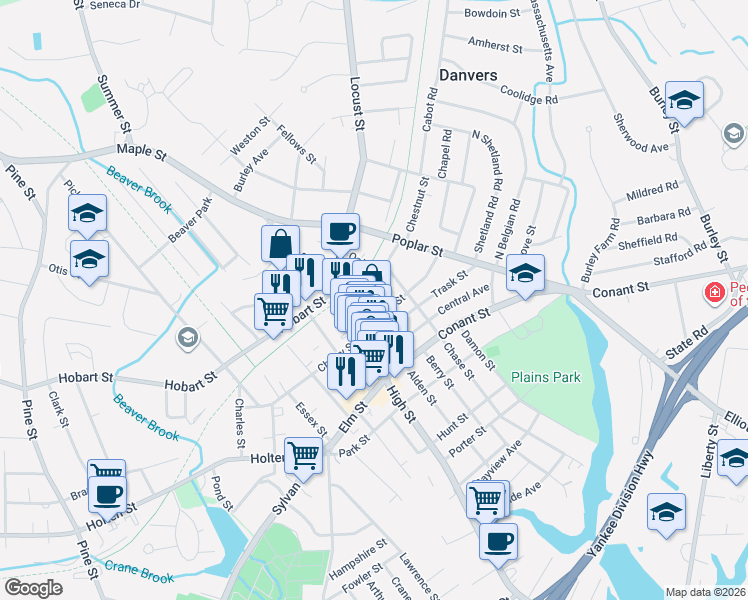 map of restaurants, bars, coffee shops, grocery stores, and more near 13 Oak Street in Danvers