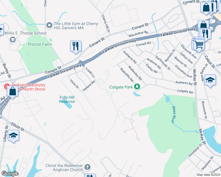 map of restaurants, bars, coffee shops, grocery stores, and more near 55 Trask Lane in Beverly