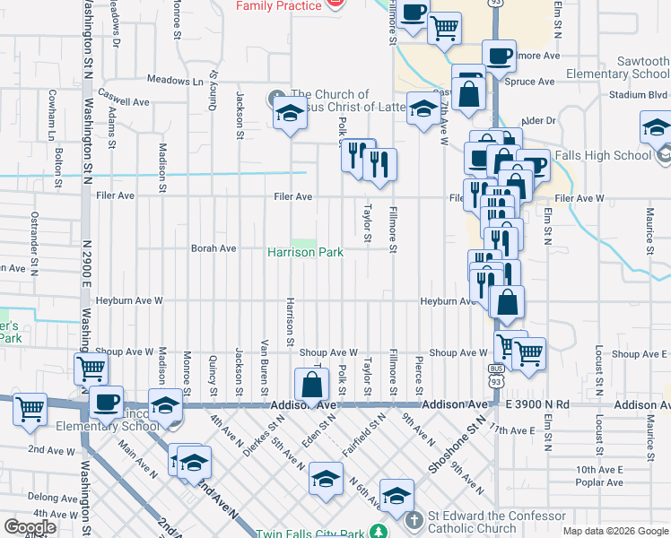 map of restaurants, bars, coffee shops, grocery stores, and more near 383 Polk Street in Twin Falls