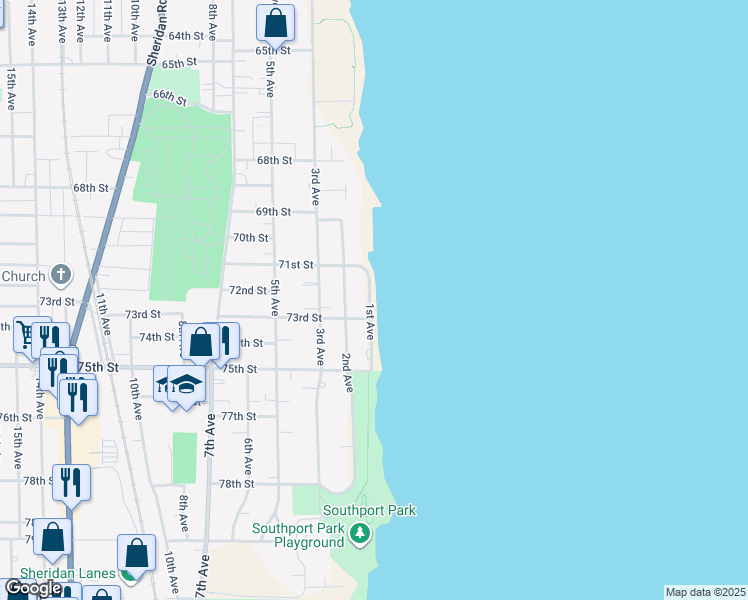 map of restaurants, bars, coffee shops, grocery stores, and more near 7114 1st Avenue in Kenosha