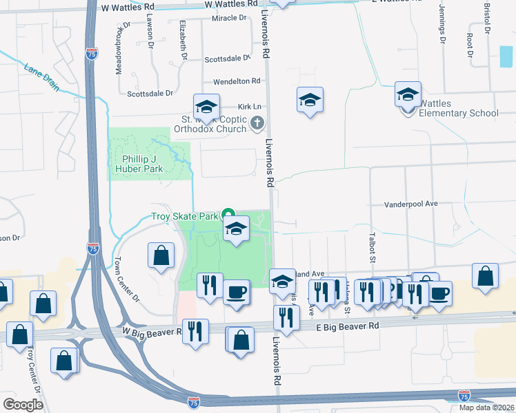 map of restaurants, bars, coffee shops, grocery stores, and more near 10 Town Center Drive in Troy