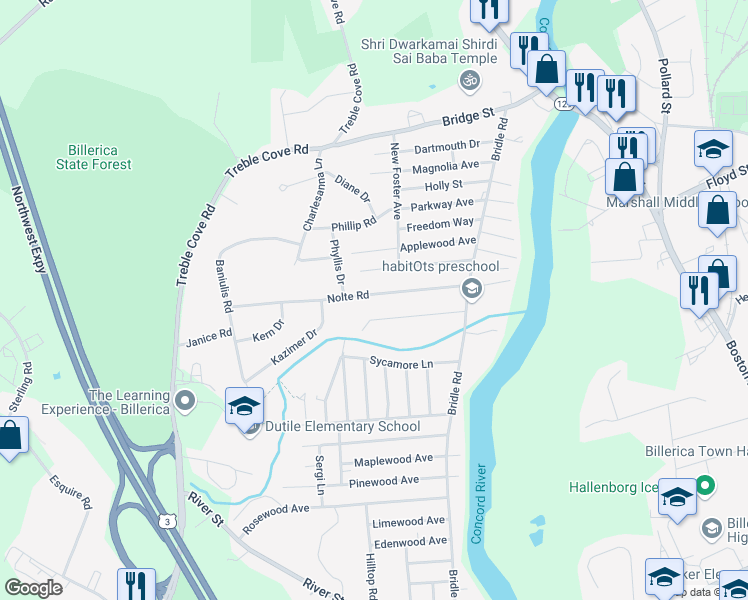 map of restaurants, bars, coffee shops, grocery stores, and more near 22 Nolte Road in Billerica