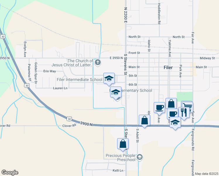 map of restaurants, bars, coffee shops, grocery stores, and more near 833 6th Street in Filer