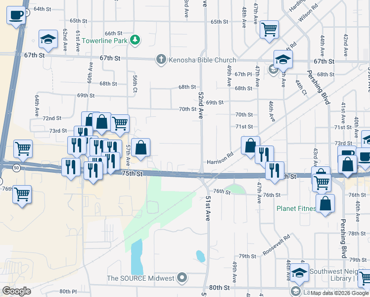 map of restaurants, bars, coffee shops, grocery stores, and more near 5316 73rd Street in Kenosha