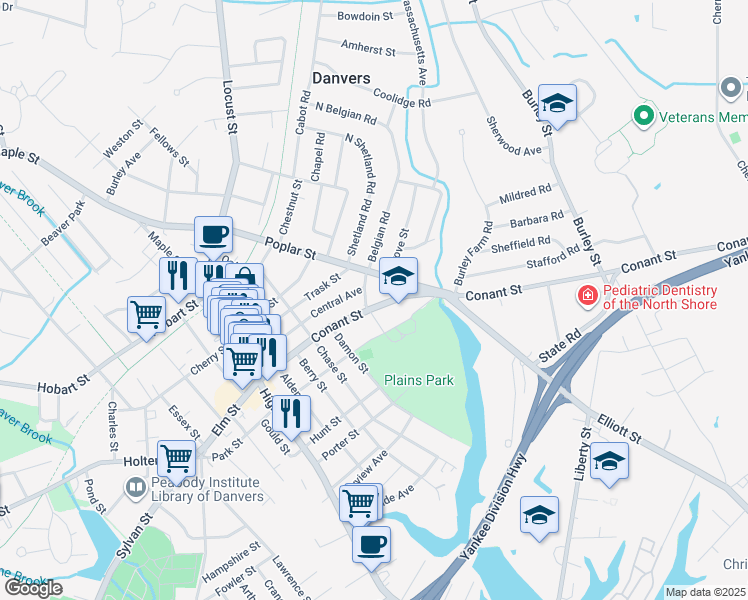 map of restaurants, bars, coffee shops, grocery stores, and more near 75 Poplar Street in Danvers