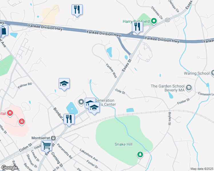 map of restaurants, bars, coffee shops, grocery stores, and more near 282 Essex Street in Beverly