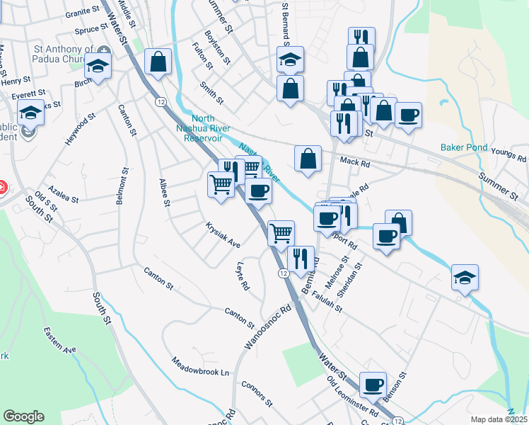 map of restaurants, bars, coffee shops, grocery stores, and more near 824 Water Street in Fitchburg