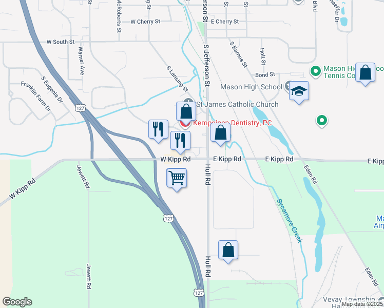 map of restaurants, bars, coffee shops, grocery stores, and more near 190 West Kipp Road in Mason