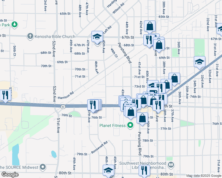 map of restaurants, bars, coffee shops, grocery stores, and more near 7217 45th Avenue in Kenosha