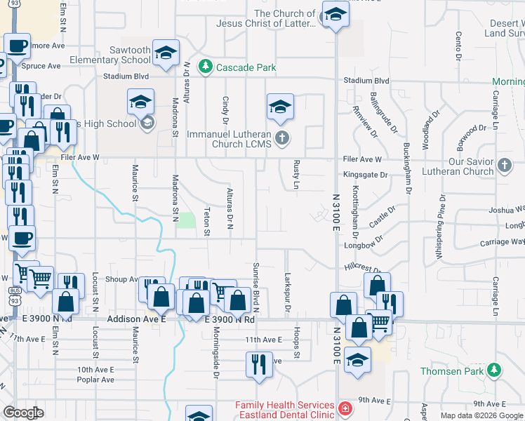 map of restaurants, bars, coffee shops, grocery stores, and more near 393 Scott Court in Twin Falls