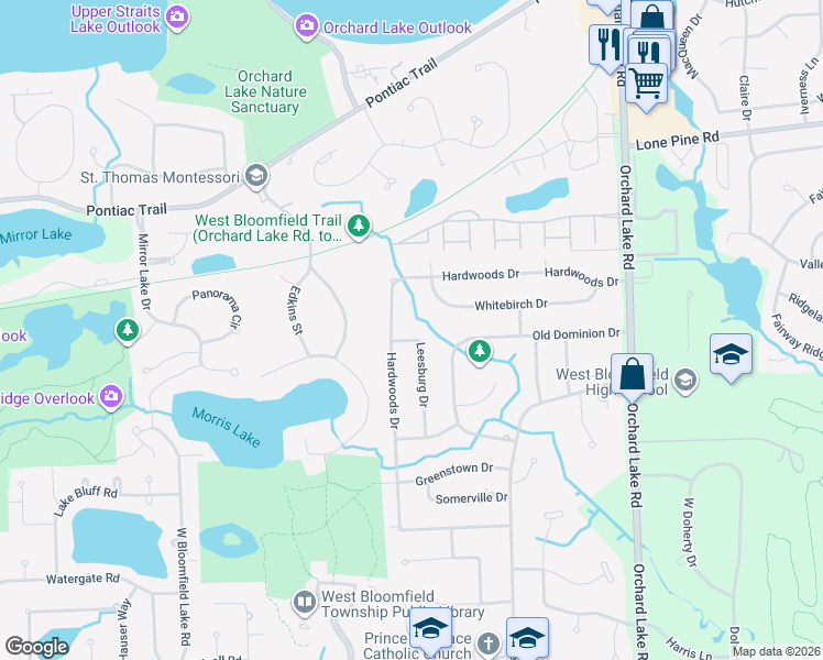 map of restaurants, bars, coffee shops, grocery stores, and more near 4321 Whitebirch Drive in West Bloomfield Township