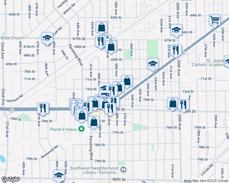 map of restaurants, bars, coffee shops, grocery stores, and more near 7215 39th Avenue in Kenosha