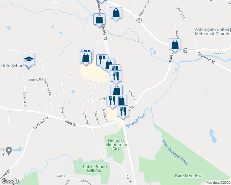map of restaurants, bars, coffee shops, grocery stores, and more near 38 Main Street in North Reading