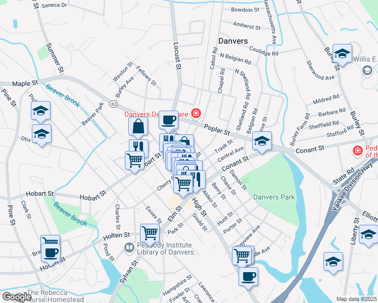 map of restaurants, bars, coffee shops, grocery stores, and more near 13 Oak Street in Danvers