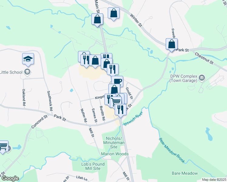 map of restaurants, bars, coffee shops, grocery stores, and more near 36 Main Street in North Reading