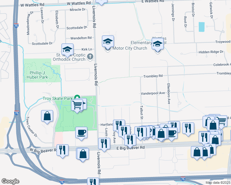 map of restaurants, bars, coffee shops, grocery stores, and more near 3424 Livernois Road in Troy