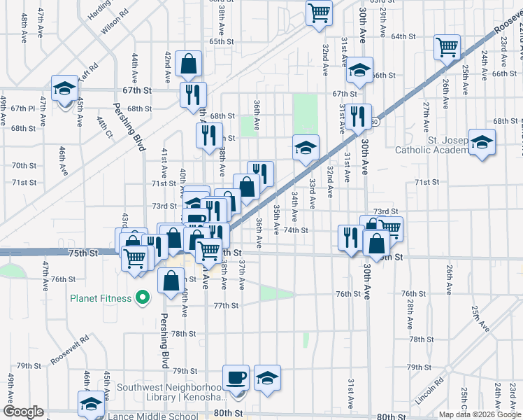 map of restaurants, bars, coffee shops, grocery stores, and more near 7301 36th Avenue in Kenosha
