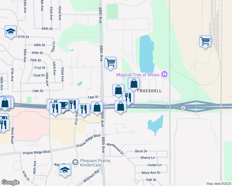 map of restaurants, bars, coffee shops, grocery stores, and more near 7377 88th Avenue in Kenosha