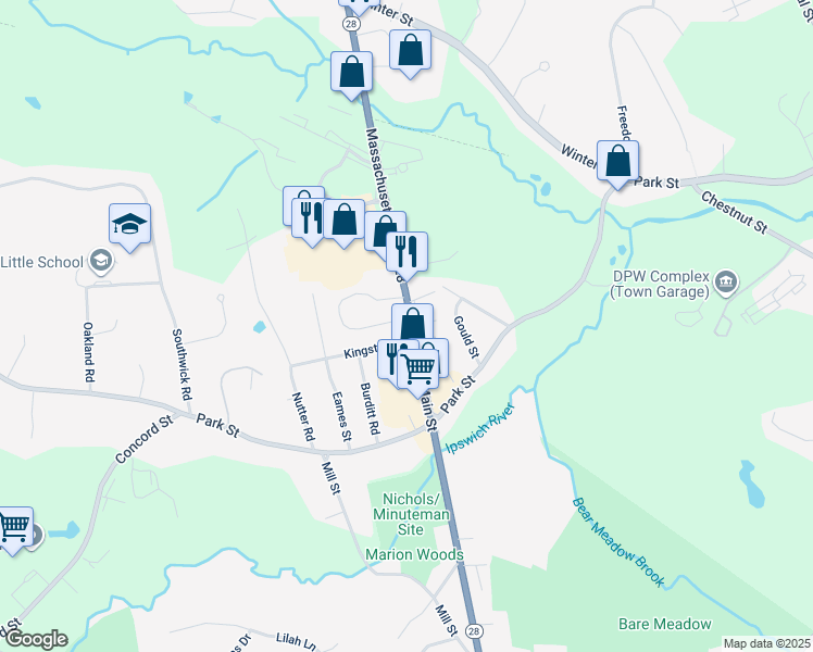 map of restaurants, bars, coffee shops, grocery stores, and more near 36 Main Street in North Reading