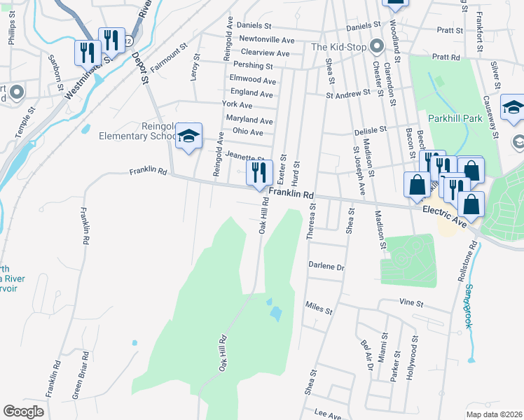map of restaurants, bars, coffee shops, grocery stores, and more near 533 Oak Hill Road in Fitchburg