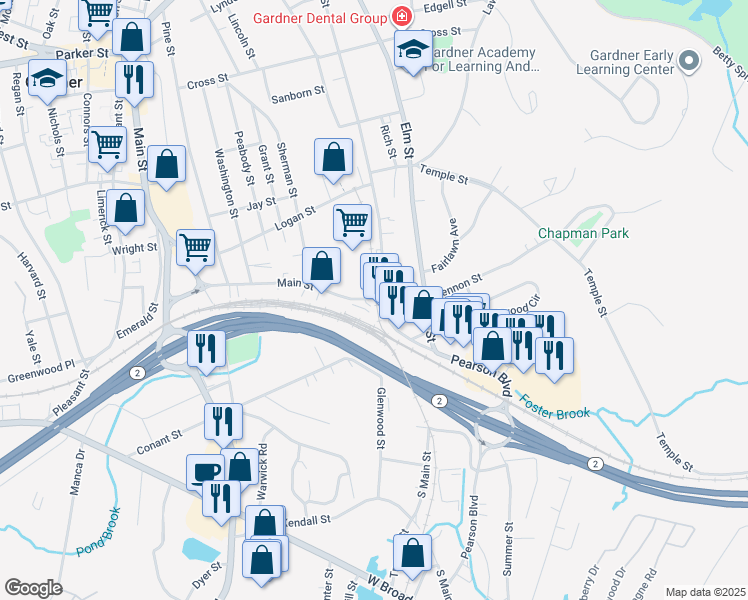 map of restaurants, bars, coffee shops, grocery stores, and more near 562 Main Street in Gardner