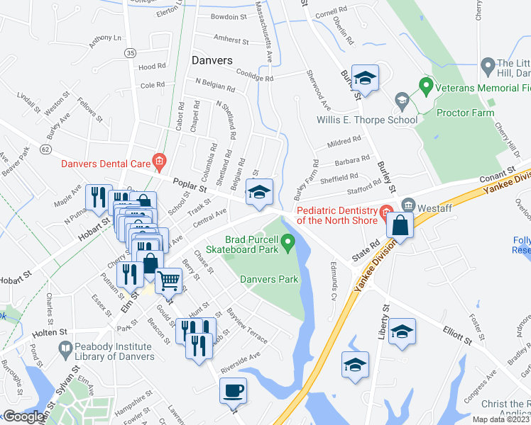map of restaurants, bars, coffee shops, grocery stores, and more near 59 Conant Street in Danvers