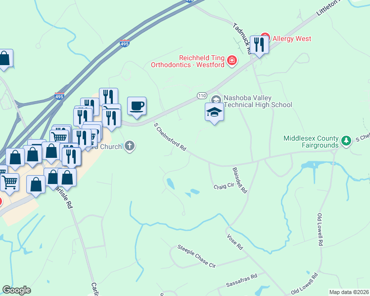 map of restaurants, bars, coffee shops, grocery stores, and more near 14 South Chelmsford Road in Westford