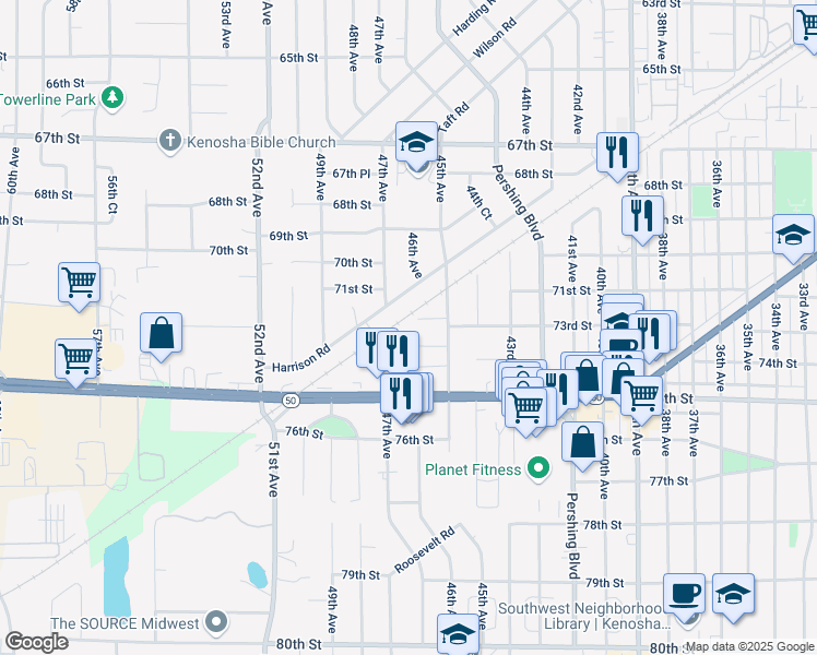 map of restaurants, bars, coffee shops, grocery stores, and more near 4609 73rd St in Kenosha