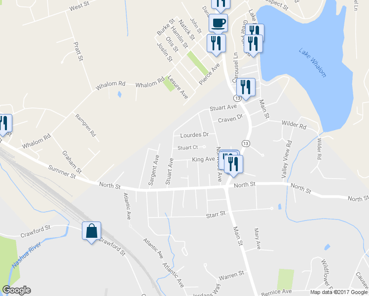 map of restaurants, bars, coffee shops, grocery stores, and more near 32 Stuart Court in Leominster