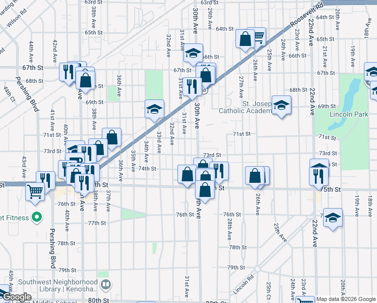 map of restaurants, bars, coffee shops, grocery stores, and more near 7201 31st Avenue in Kenosha