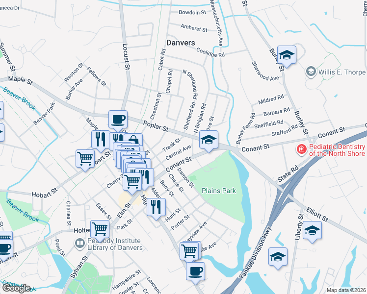 map of restaurants, bars, coffee shops, grocery stores, and more near 44 Central Avenue in Danvers