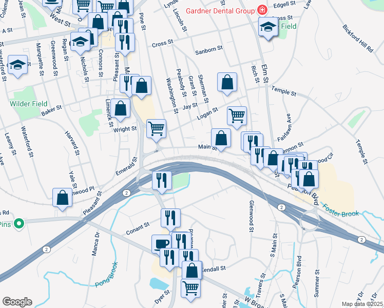 map of restaurants, bars, coffee shops, grocery stores, and more near 435 Main Street in Gardner