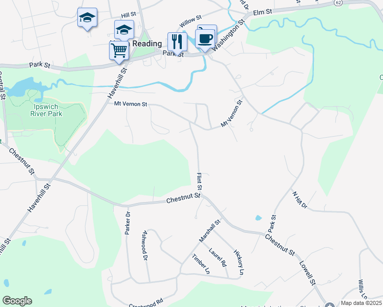map of restaurants, bars, coffee shops, grocery stores, and more near 16 Flint Street in North Reading