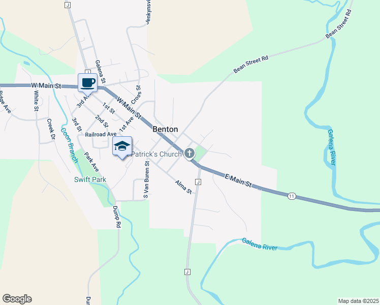 map of restaurants, bars, coffee shops, grocery stores, and more near 246 East Main Street in Benton