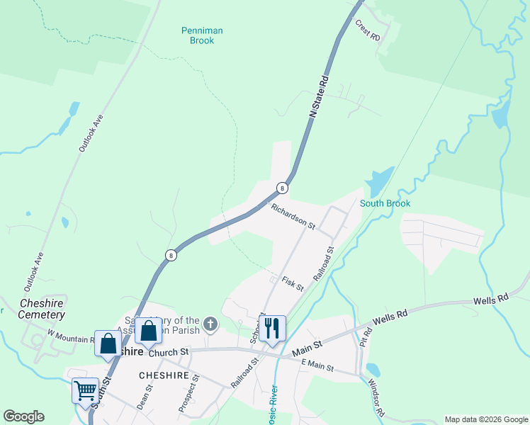 map of restaurants, bars, coffee shops, grocery stores, and more near 12 Richardson Street in Cheshire