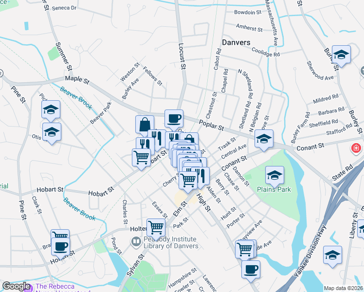 map of restaurants, bars, coffee shops, grocery stores, and more near 13 Oak Street in Danvers