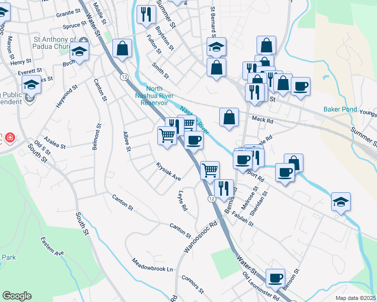 map of restaurants, bars, coffee shops, grocery stores, and more near 791 Water Street in Fitchburg